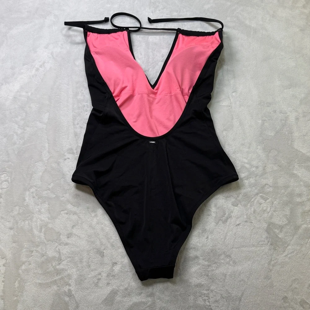 PINK Victoria’s‎ Secret Black One Piece Swimsuit Deep V Open Back Large